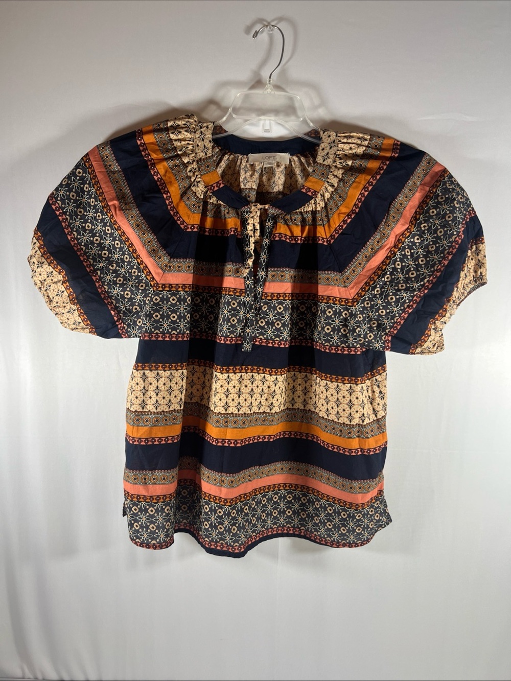 LOFT Womens Large Blouse Boho Foulard Multi Color Geometric Tie Neck Top